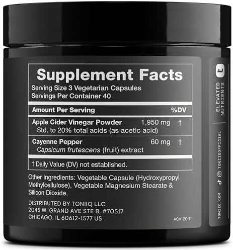 Cápsulas de Vinagre de Manzana Toniiq - Fórmula Ultra Potente de 2,010mg con 20% de Ácido Acético y Pimienta de Cayena - Con la Madre - 120 Cápsulas - imagen 2