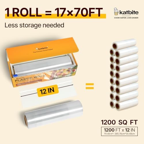 Film transparente Katbite con cortador deslizante removible, 12 pulgadas x 1200 pies cuadrados, rollo de película clara para alimentos, resistente y - imagen 3