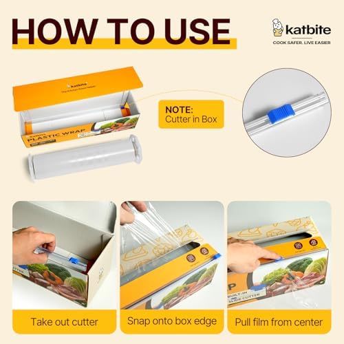 Film transparente Katbite con cortador deslizante removible, 12 pulgadas x 1200 pies cuadrados, rollo de película clara para alimentos, resistente y - imagen 4