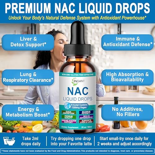 Suplemento NAC N-Acetil Cisteína | Gotas Líquidas de Alta Absorción 1200mg para Detox Respiratorio, Hepático y Renal, Soporte Inmunológico y - imagen 2