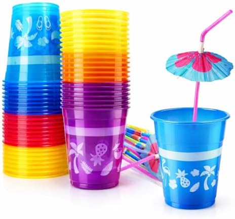 Tazas Desechables Tropicales 4E's - 48 Paquetes de 16oz con Popotes de Parasol, Ideales para Fiestas Luau, Decoraciones de Cumpleaños y Pool Parties - imagen 1