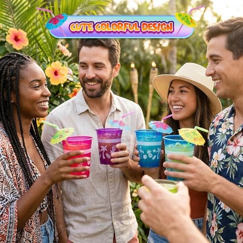 Tazas Desechables Tropicales 4E's - 48 Paquetes de 16oz con Popotes de Parasol, Ideales para Fiestas Luau, Decoraciones de Cumpleaños y Pool Parties - imagen 2