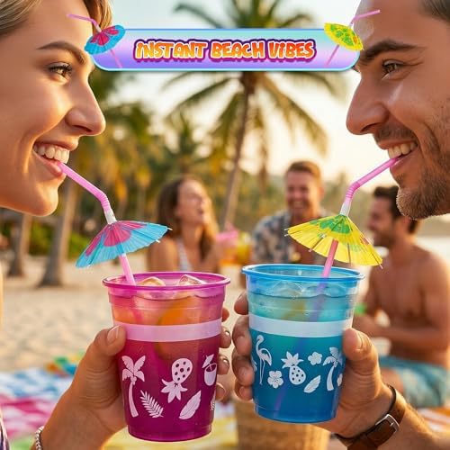 Tazas Desechables Tropicales 4E's - 48 Paquetes de 16oz con Popotes de Parasol, Ideales para Fiestas Luau, Decoraciones de Cumpleaños y Pool Parties - imagen 3