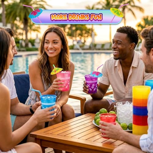 Tazas Desechables Tropicales 4E's - 48 Paquetes de 16oz con Popotes de Parasol, Ideales para Fiestas Luau, Decoraciones de Cumpleaños y Pool Parties - imagen 4