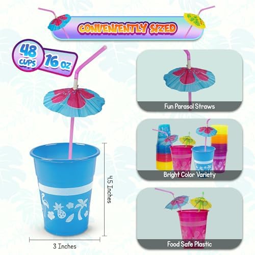 Tazas Desechables Tropicales 4E's - 48 Paquetes de 16oz con Popotes de Parasol, Ideales para Fiestas Luau, Decoraciones de Cumpleaños y Pool Parties - imagen 6