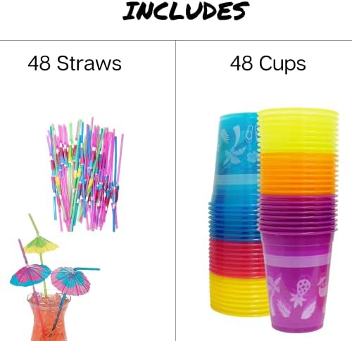 Tazas Desechables Tropicales 4E's - 48 Paquetes de 16oz con Popotes de Parasol, Ideales para Fiestas Luau, Decoraciones de Cumpleaños y Pool Parties - imagen 7