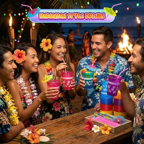 Tazas Desechables Tropicales 4E's - 48 Paquetes de 16oz con Popotes de Parasol, Ideales para Fiestas Luau, Decoraciones de Cumpleaños y Pool Parties - imagen 8