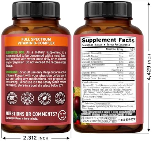 Complejo de Vitaminas B - B1 | B2 | B3 | B5 | B6 | Biotina | B12 | 5-MTHF - Mezcla de Astrágalo y Alimentos Integrales - Energía, Metabolismo y - imagen 2