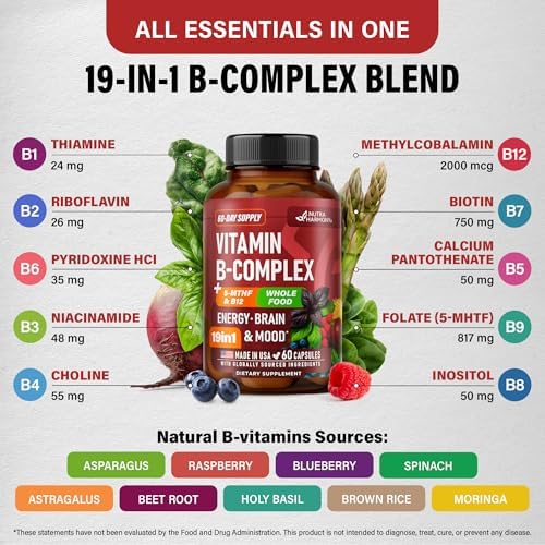 Complejo de Vitaminas B - B1 | B2 | B3 | B5 | B6 | Biotina | B12 | 5-MTHF - Mezcla de Astrágalo y Alimentos Integrales - Energía, Metabolismo y - imagen 4