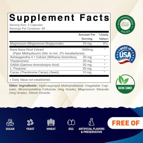 Vitamatic Kava Kava 1000mg con Magnesio, Ashwagandha, GABA, Teobromina, L-Teanina y Cacao – 120 Cápsulas Veganas – Kavalactonas para Ánimo, Estrés y - imagen 2