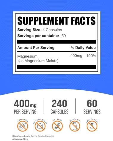 Cápsulas de Malato de Magnesio BulkSupplements.com - Suplemento de Magnesio 400mg, Esencial y Libre de Gluten, 4 Cápsulas por Porción, 240 Contenido - imagen 2