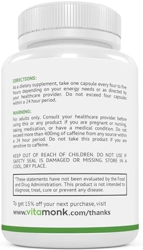VitaMonk Cápsulas de Cafeína y Teanina de Baja Dosis - Sin Nerviosismo ni Caídas - 25mg de Cafeína y Teanina - 60 Cápsulas - imagen 6