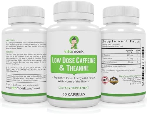 VitaMonk Cápsulas de Cafeína y Teanina de Baja Dosis - Sin Nerviosismo ni Caídas - 25mg de Cafeína y Teanina - 60 Cápsulas - imagen 8