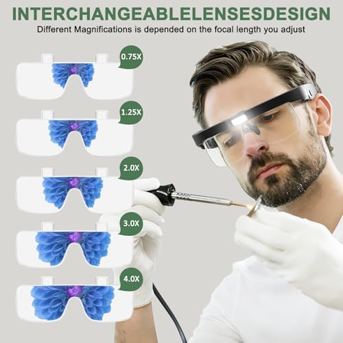 Lentes de aumento con luz, 0.75X-4.0X, lupa recargable con 3 luces LED y 5 lentes desmontables, gafas de aumento para trabajos manuales y joyería - imagen 3