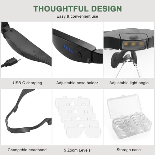 Lentes de aumento con luz, 0.75X-4.0X, lupa recargable con 3 luces LED y 5 lentes desmontables, gafas de aumento para trabajos manuales y joyería - imagen 5