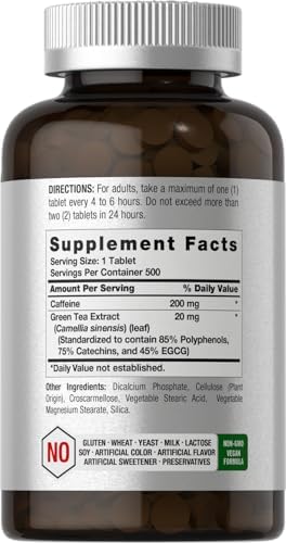 Píldoras de Cafeína Horbäach 220mg con Té Verde | 500 Tabletas | Vegetarianas, Sin OGM y Sin Gluten - imagen 2