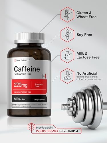 Píldoras de Cafeína Horbäach 220mg con Té Verde | 500 Tabletas | Vegetarianas, Sin OGM y Sin Gluten - imagen 5