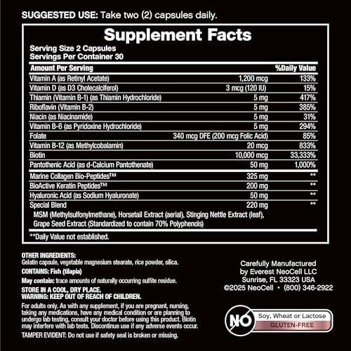 Suplemento de Biotina, Colágeno y Queratina NeoCell | 80000 mcg | 60 Cápsulas | Complejo B de Belleza | Con Ácido Hialurónico | Para Cabello, Piel y - imagen 4