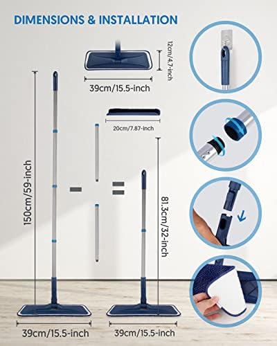 Mopa de Microfibra BPAWA para Limpieza de Pisos - Mopa Plana con 4 Almohadillas Chenille Lavables, Ideal para Madera, Vinil y Superficies Duras - - imagen 5