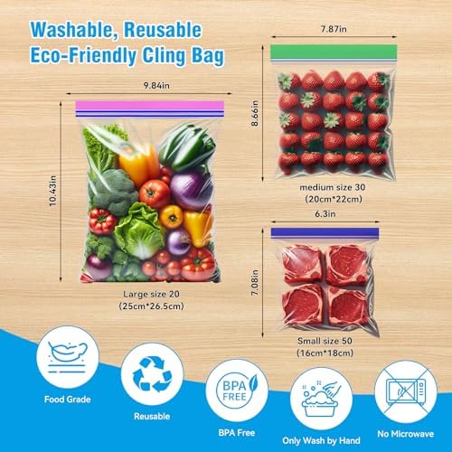 Bolsas de Almacenamiento para Alimentos NANSIKE - Paquete de 100, Reutilizables con Cierre, 3 Tamaños, Seguras para Microondas y Congelador, Sin BPA - imagen 2