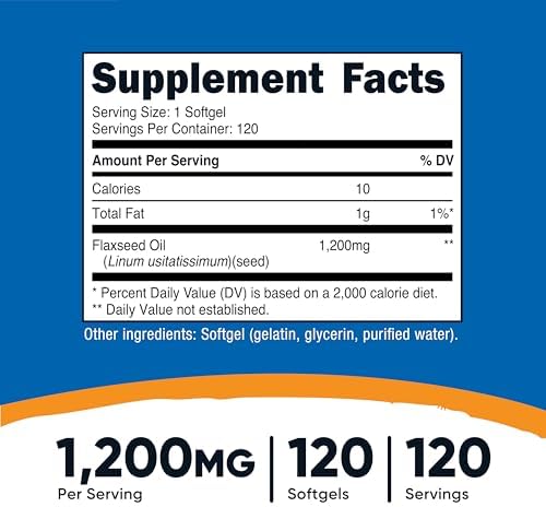 Aceite de Semilla de Linaza Nutricost 1200mg, 120 cápsulas blandas - Sin OGM, Sin Gluten - imagen 2