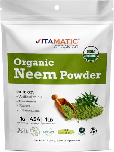 Vitamatic Polvo de Hoja de Neem Orgánico Certificado USDA – 1 lb (16 oz) 100% Puro Azadirachta Indica | Hierba Ayurvédica Tradicional para la Piel, - imagen 1