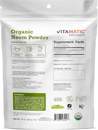 Vitamatic Polvo de Hoja de Neem Orgánico Certificado USDA – 1 lb (16 oz) 100% Puro Azadirachta Indica | Hierba Ayurvédica Tradicional para la Piel, - imagen 4