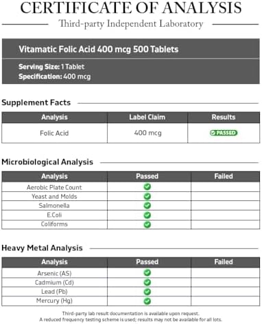 Ácido Fólico Vitamatic 400 mcg - 500 Tabletas Vegetarianas - Vitamina B9 - imagen 3