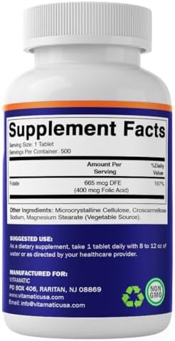 Ácido Fólico Vitamatic 400 mcg - 500 Tabletas Vegetarianas - Vitamina B9 - imagen 8