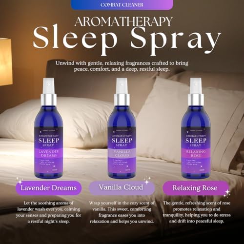 Spray de Almohada para Dormir Profundamente | Alivio del Estrés y la Ansiedad | (Paquete de 3) Lavanda, Vainilla, Rocío de Rosa | por Combat Cleaner - imagen 3