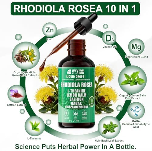 Tintura de Rhodiola Rosea Vyxion, Apoya el Ánimo, la Calma y el Enfoque, Gotas Líquidas de 10 en 1 con Azafrán, GABA y L-Teanina, Vegana, Sin - imagen 2