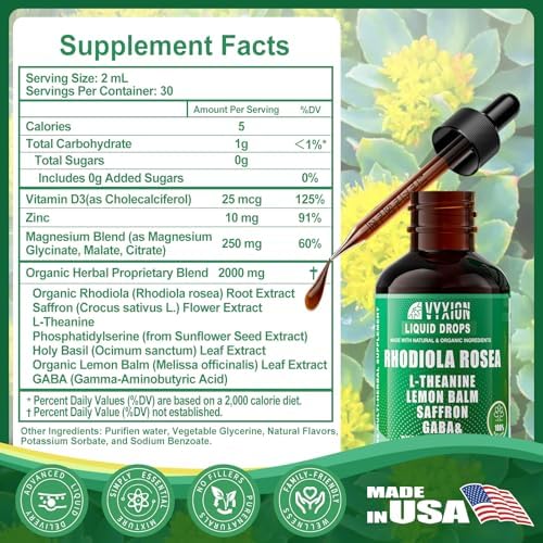 Tintura de Rhodiola Rosea Vyxion, Apoya el Ánimo, la Calma y el Enfoque, Gotas Líquidas de 10 en 1 con Azafrán, GABA y L-Teanina, Vegana, Sin - imagen 4
