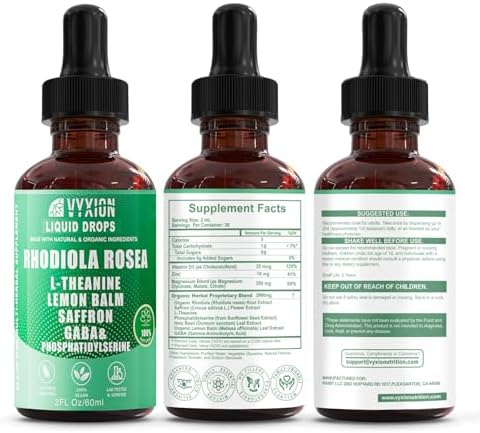 Tintura de Rhodiola Rosea Vyxion, Apoya el Ánimo, la Calma y el Enfoque, Gotas Líquidas de 10 en 1 con Azafrán, GABA y L-Teanina, Vegana, Sin - imagen 5