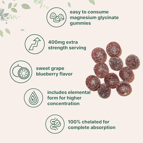 Gomitas de Glicinato de Magnesio 400mg por Porción, 120 Contenido | Sabor Natural de Uva y Arándano | Suplemento para Músculos, Huesos y Ánimo - imagen 3