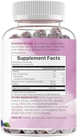 Gomitas de Glicinato de Magnesio 400mg por Porción, 120 Contenido | Sabor Natural de Uva y Arándano | Suplemento para Músculos, Huesos y Ánimo - imagen 6