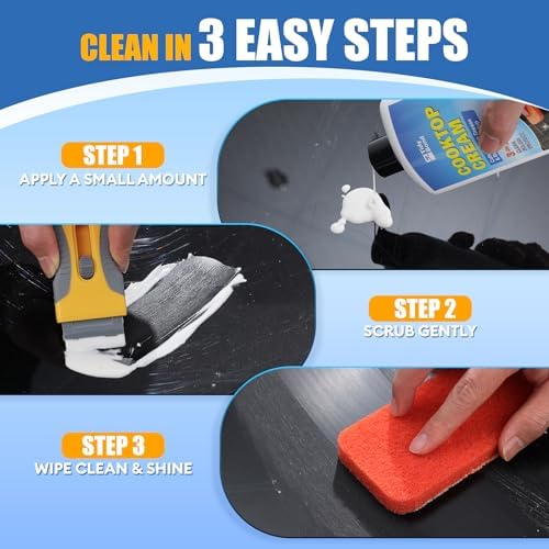 Kit Limpiador y Pulidor para Estufas de Vidrio – Limpiador Pesado con Raspador y Almohadilla, Elimina Comida Quemada, Grasa y Manchas Difíciles, - imagen 7