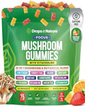 Gomitas de Enfoque de Hongos Drops Of Nature – Melena de León, Cola de Pavo, L-Teanina y Extracto de Té Verde – Superalimento Vegano con Vitaminas B6 - imagen 1