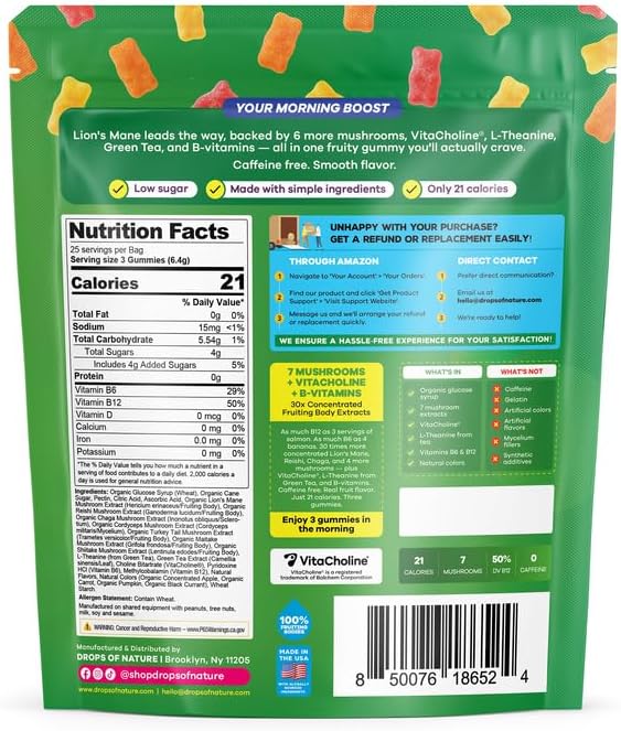 Gomitas de Enfoque de Hongos Drops Of Nature – Melena de León, Cola de Pavo, L-Teanina y Extracto de Té Verde – Superalimento Vegano con Vitaminas B6 - imagen 2
