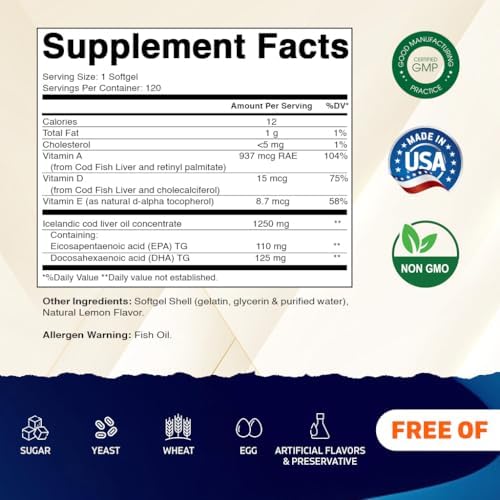 Cápsulas de Aceite de Hígado de Bacalao Islandés Vitamatic 1250mg 120 Gelatinas Blandas (Sabor Limón) - Promueve la Salud Cardiovascular - imagen 2