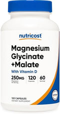 Nutricost Magnesio Glicinato + Malato (250mg) 120 Cápsulas - Alta Absorción, con Vitamina D, Vegano, Sin Gluten, Sin OGM, 60 Porciones - imagen 1