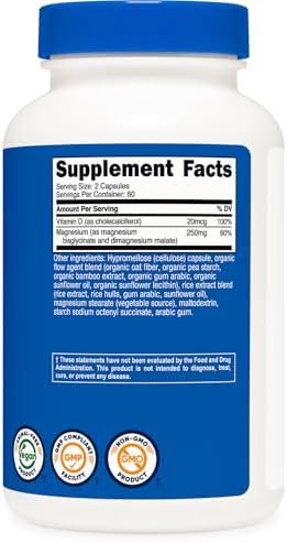 Nutricost Magnesio Glicinato + Malato (250mg) 120 Cápsulas - Alta Absorción, con Vitamina D, Vegano, Sin Gluten, Sin OGM, 60 Porciones - imagen 5