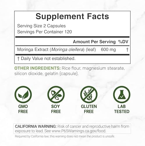 Cápsulas de Moringa 240 Cápsulas – Suministro de 4 Meses – Extracto Puro de Hoja de Moringa de Máxima Potencia – Suplemento Verde Completo para - imagen 2
