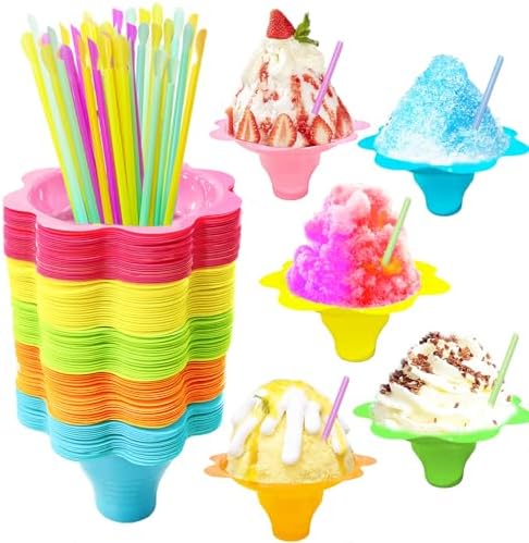 Tazas de Nieve Coloridas Szsrcywd de 200 Pcs 4oz con Cucharas y Popotes, Recipientes Reutilizables en Forma de Flor para Fiestas de Cumpleaños y - imagen 1