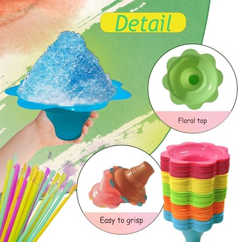 Tazas de Nieve Coloridas Szsrcywd de 200 Pcs 4oz con Cucharas y Popotes, Recipientes Reutilizables en Forma de Flor para Fiestas de Cumpleaños y - imagen 5