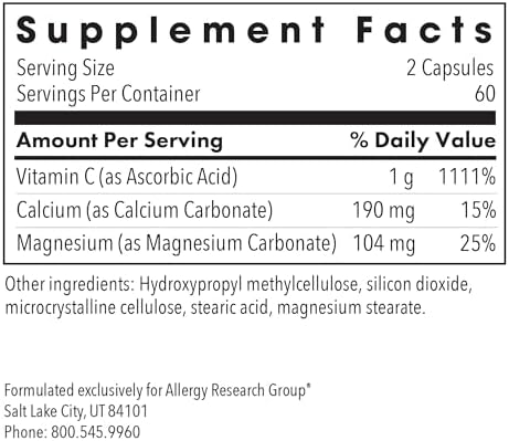 Allergy Research Group ARG Vitamina C Buffered 1000 mg - Soporte Inmunológico - Cápsulas Vegetarianas - Fórmula Hipoalergénica - 60 Porciones - 120 - imagen 2