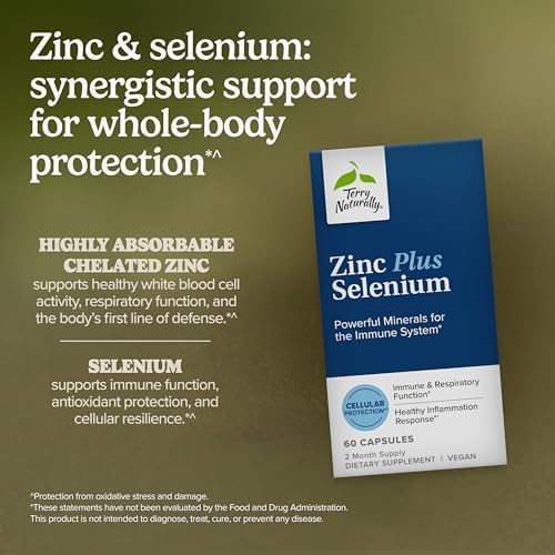 Terry Naturally Zinc Plus Selenio - Suplemento para la Salud Inmunológica y Respiratoria - 60 Cápsulas de Zinc Bisglicinato y Selenio - imagen 3