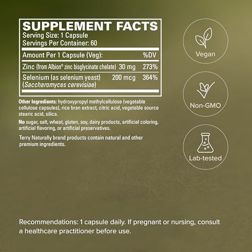 Terry Naturally Zinc Plus Selenio - Suplemento para la Salud Inmunológica y Respiratoria - 60 Cápsulas de Zinc Bisglicinato y Selenio - imagen 5