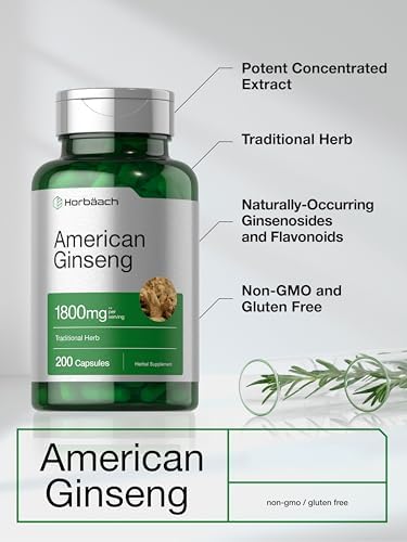 Cápsulas de Ginseng Americano Horbäach | 200 Píldoras | Raíz de Panax Quinquefolius | Suplemento Sin OGM y Libre de Gluten - imagen 3