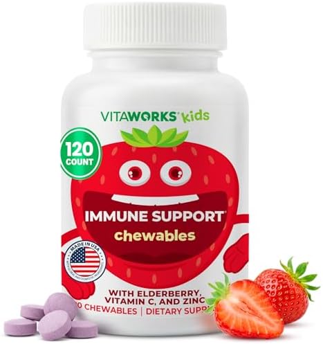 Tabletas Masticables VitaWorks Kids para el Apoyo Inmunológico con Elderberry, Vitamina C y Zinc, Sabor a Frutas Mixtas, Veganas, Sin Gluten, No OMG, - imagen 1