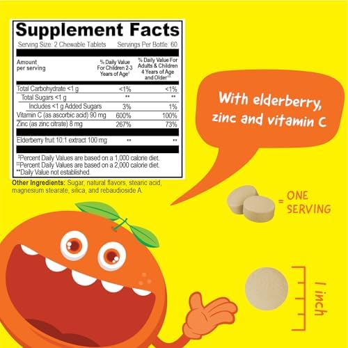 Tabletas Masticables VitaWorks Kids para el Apoyo Inmunológico con Elderberry, Vitamina C y Zinc, Sabor a Frutas Mixtas, Veganas, Sin Gluten, No OMG, - imagen 2